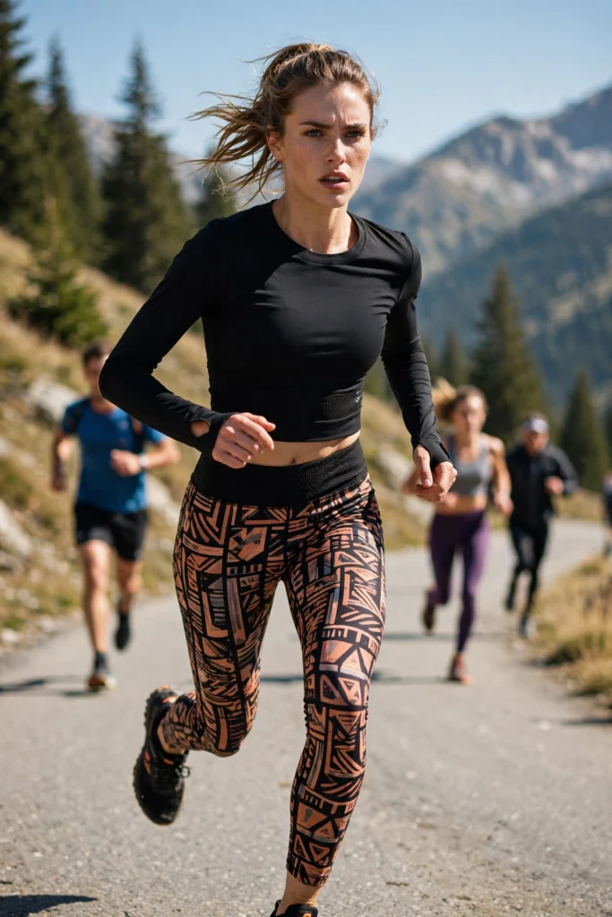 Focused fierce runner in a black crop top sprinting downhill past competitors.
