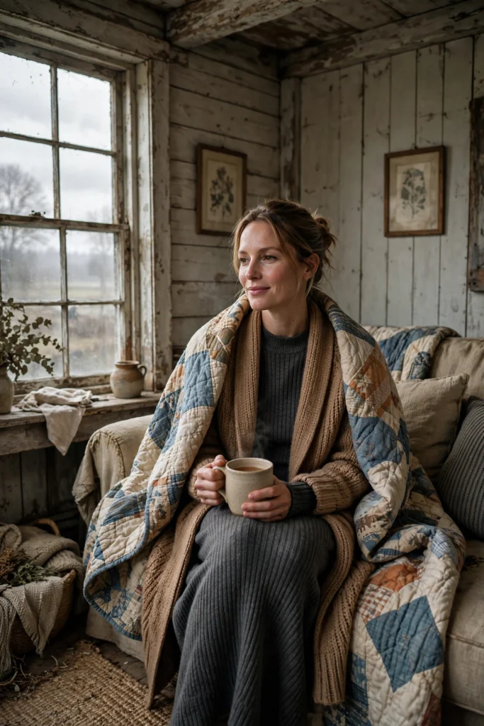 Turkey Day Outfit Ideas for a Festive Casual Look 19 Woman wrapped in a blanket wearing a longline cardigan and knit dress.
