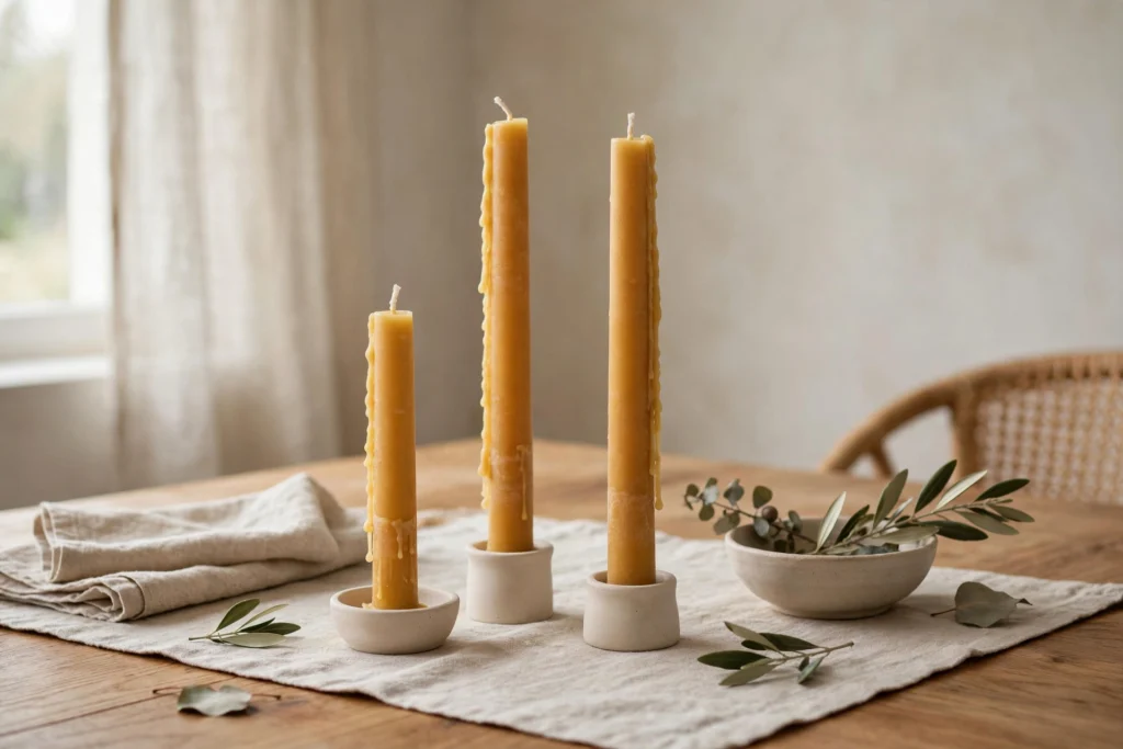 Handmade beeswax taper candles glowing warmly on a Thanksgiving dinner table.