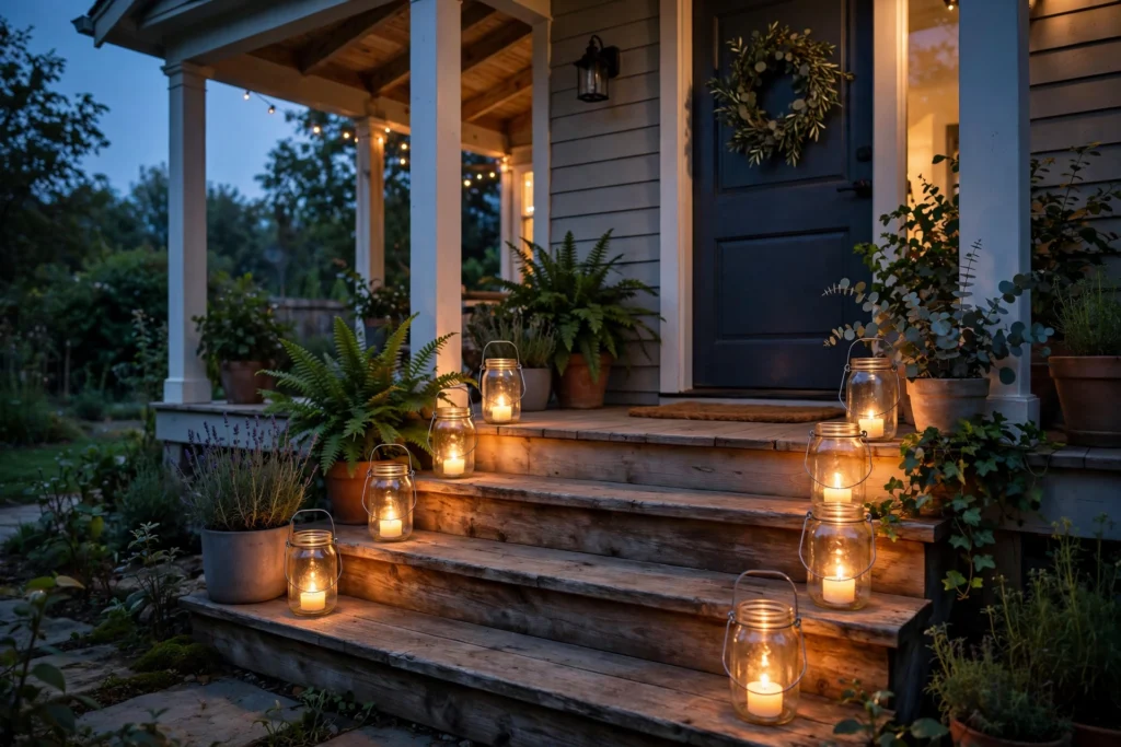 Friendsgiving Decor Ideas for a Fun Festive Party 9 Mason jar lanterns glowing along porch steps at dusk near a front door.