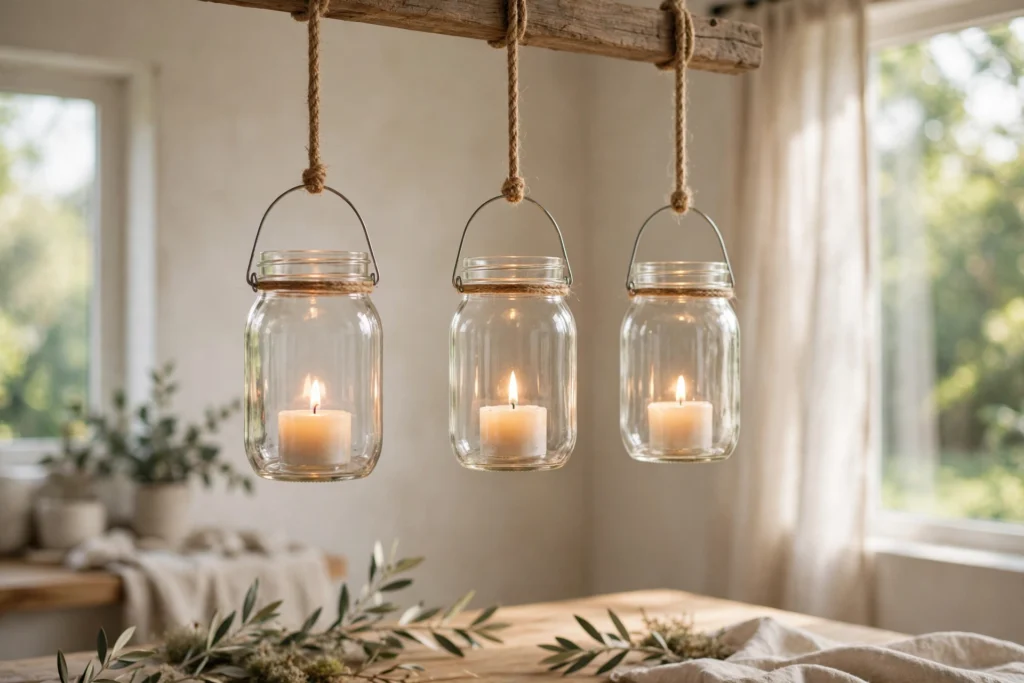 Rustic Thanksgiving Decor for a Warm Cozy Harvest Feel 4 Mason jar lanterns glowing warmly with candles in rustic farmhouse style.