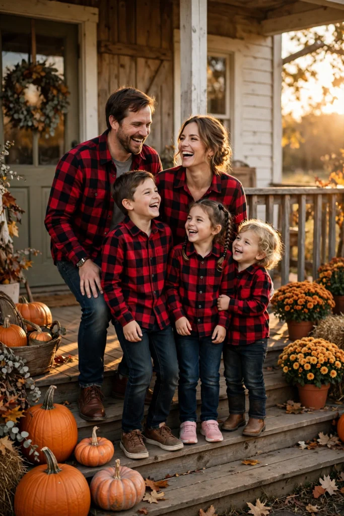 Family Thanksgiving Twinning Outfits for a Cute Photo Moment 2 Family of five in matching buffalo plaid shirts laughing on a porch.