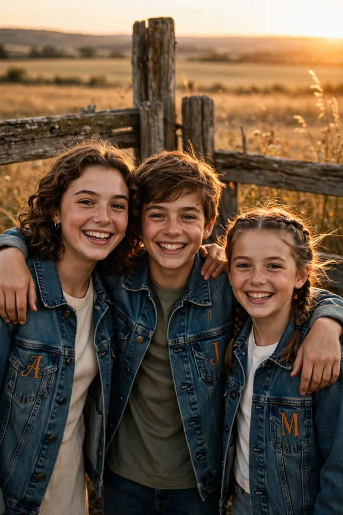 Family Thanksgiving Twinning Outfits for a Cute Photo Moment 15 Three siblings in matching denim jackets grinning with arms around each other.