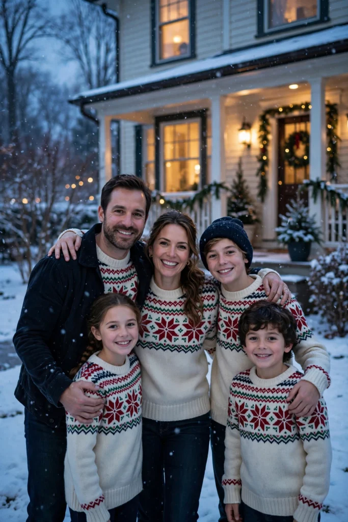 Family Thanksgiving Twinning Outfits for a Cute Photo Moment 10 Family of five in matching fair isle sweaters smiling together in falling snow.