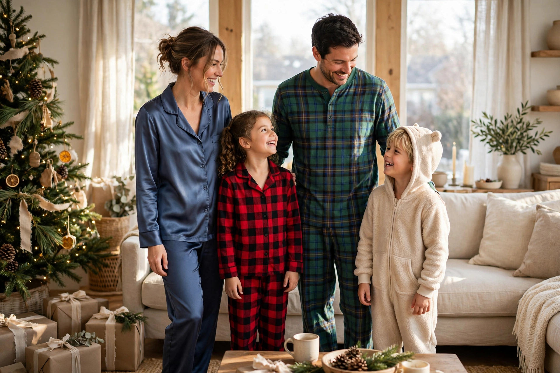 Matching Family Christmas Pajamas for a Cozy Morning Together 1 Family in matching Christmas pajamas gathered by a decorated tree on Christmas morning