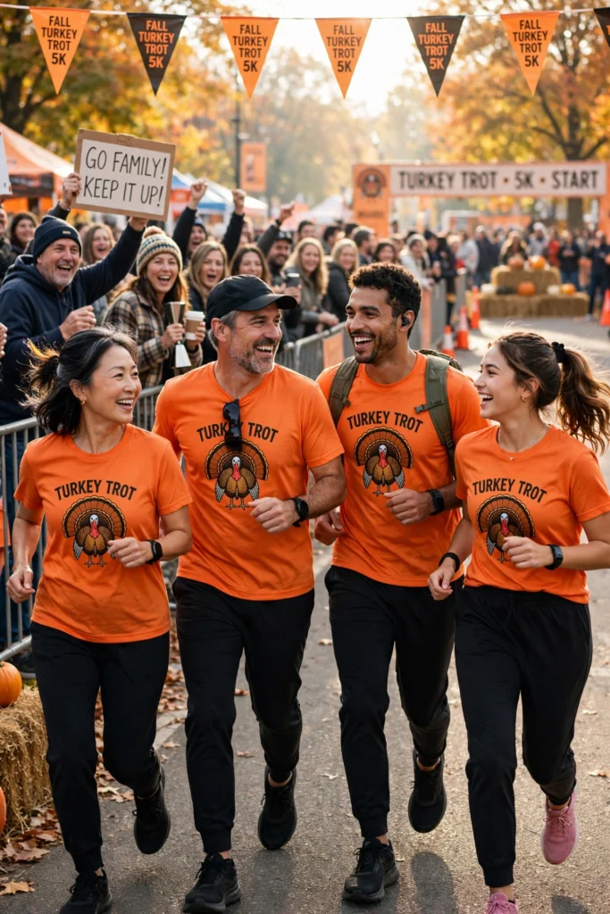 Family of four in matching turkey shirts running together in a race.