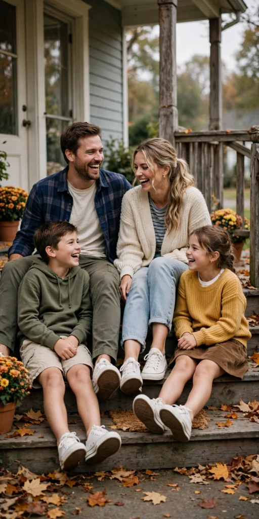 Family Thanksgiving Twinning Outfits for a Cute Photo Moment 8 Family showing off matching white canvas sneakers while sitting on porch steps.