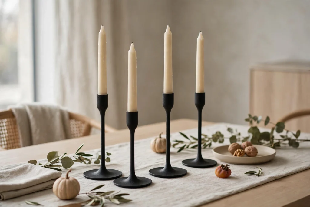Modern Minimalist Thanksgiving Decor for a Chic Clean Table 4 Matte black taper candle holders with slim candles on a Thanksgiving table.