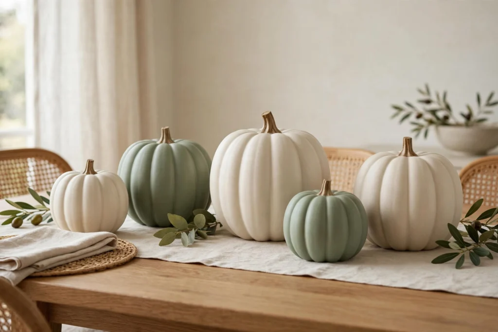 Ceramic pumpkin vases in cream and sage arranged as a dining table centerpiece.