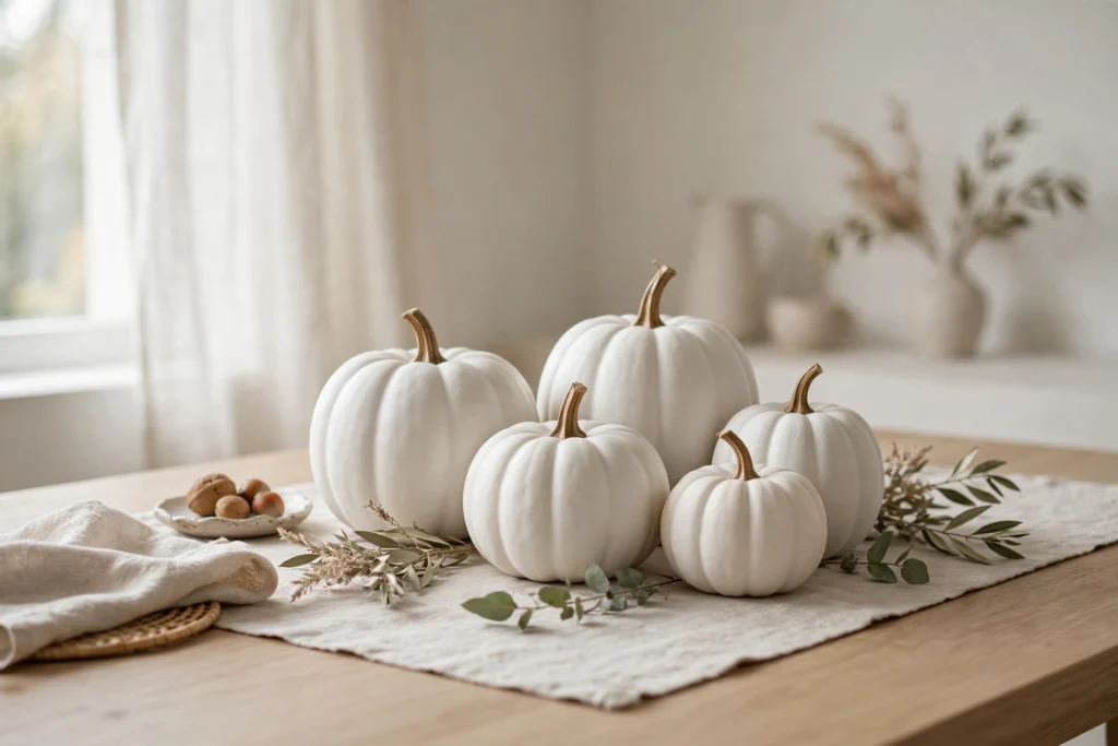 Modern Minimalist Thanksgiving Decor for a Chic Clean Table 10 Matte white ceramic pumpkins grouped elegantly as a minimalist Thanksgiving table centerpiece.