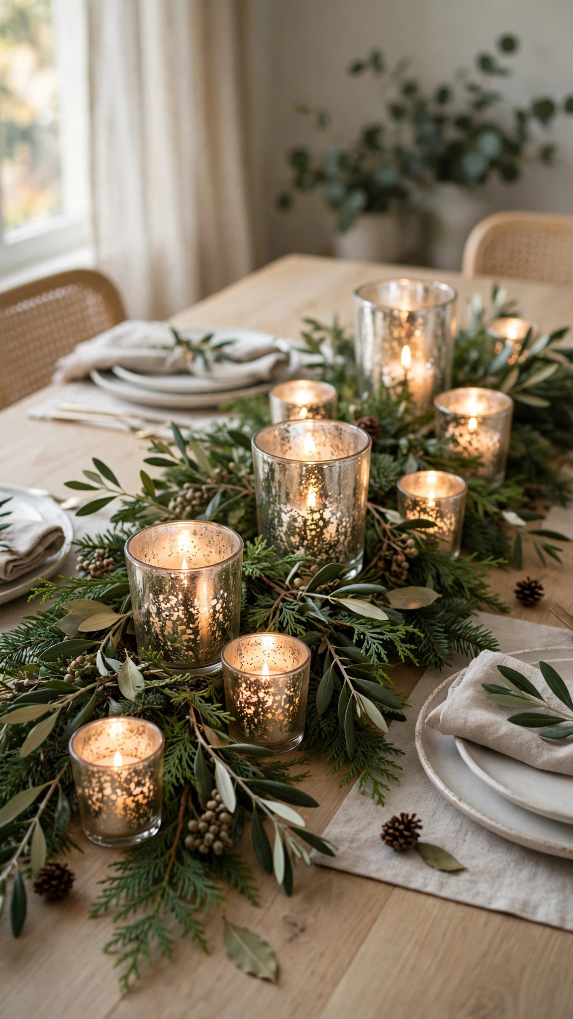 Mercury glass votive holders glowing among fresh greenery on a Christmas dinner table.