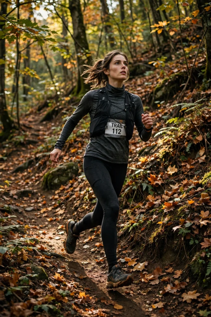 Trail runner in a merino base layer climbing a leaf-covered forest path.