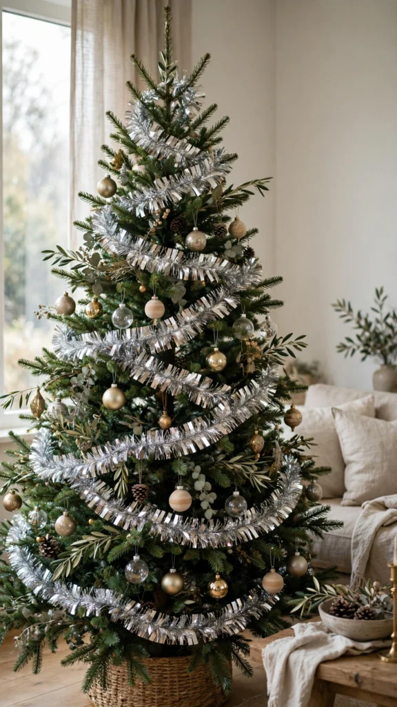 Christmas Tree Decorating Ideas for a Magical Holiday Look 14 Metallic garland wound through a decorated Christmas tree reflecting soft light gently