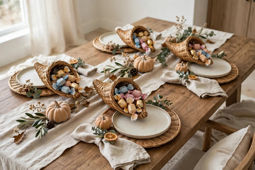 Mini cornucopia baskets filled with wrapped candies at each child's Thanksgiving place