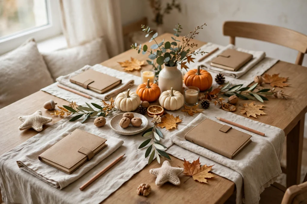 Small gratitude journals with pencils waiting at each child's Thanksgiving place setting