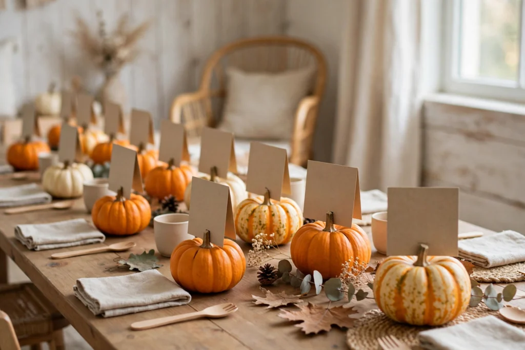 Mini pumpkins holding name cards lined along a festive children's Thanksgiving table