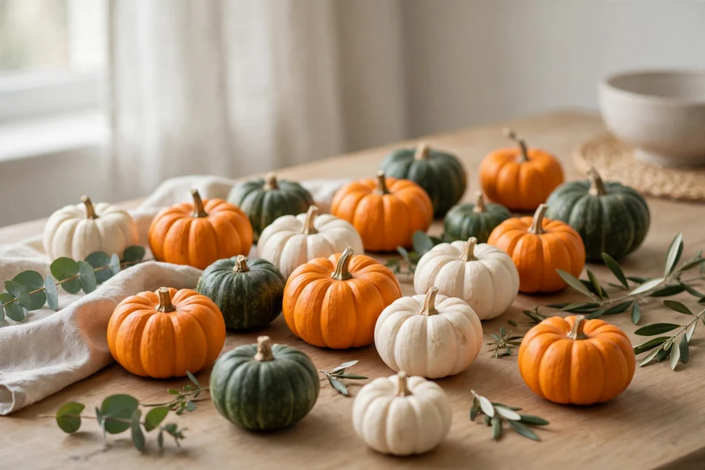 Budget Thanksgiving Tablescape Ideas That Still Look Elegant 10 Colorful mini pumpkins scattered generously down a budget holiday table.