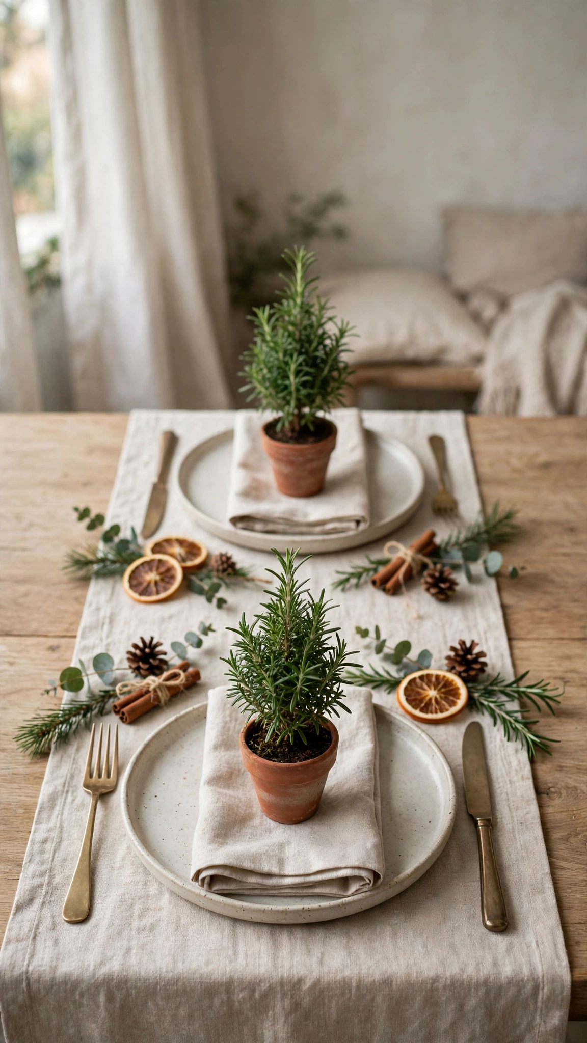 Mini rosemary trees in small pots placed beside festive Christmas dinner plates.