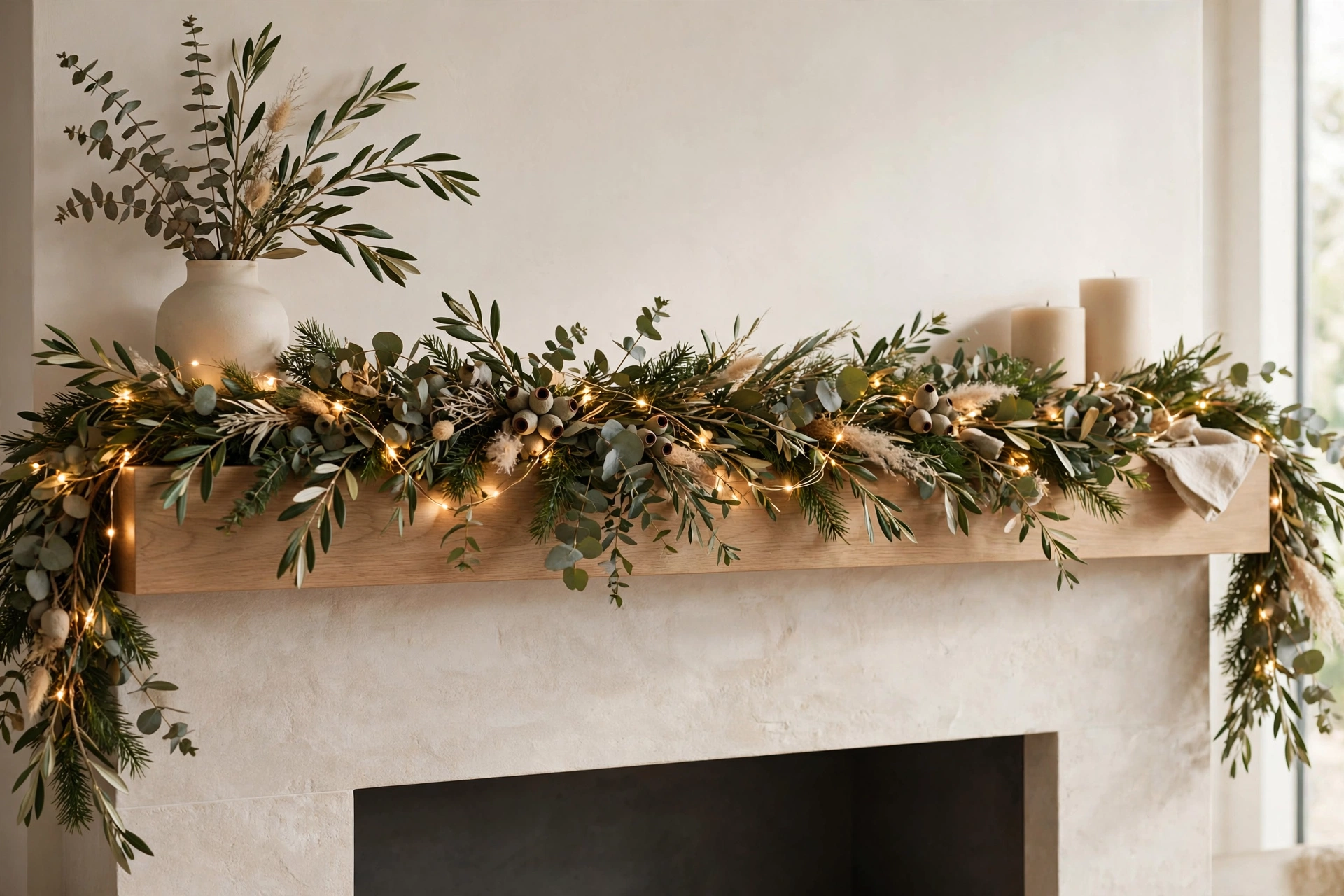 Warm string lights twinkling through a mantel garland at dusk.