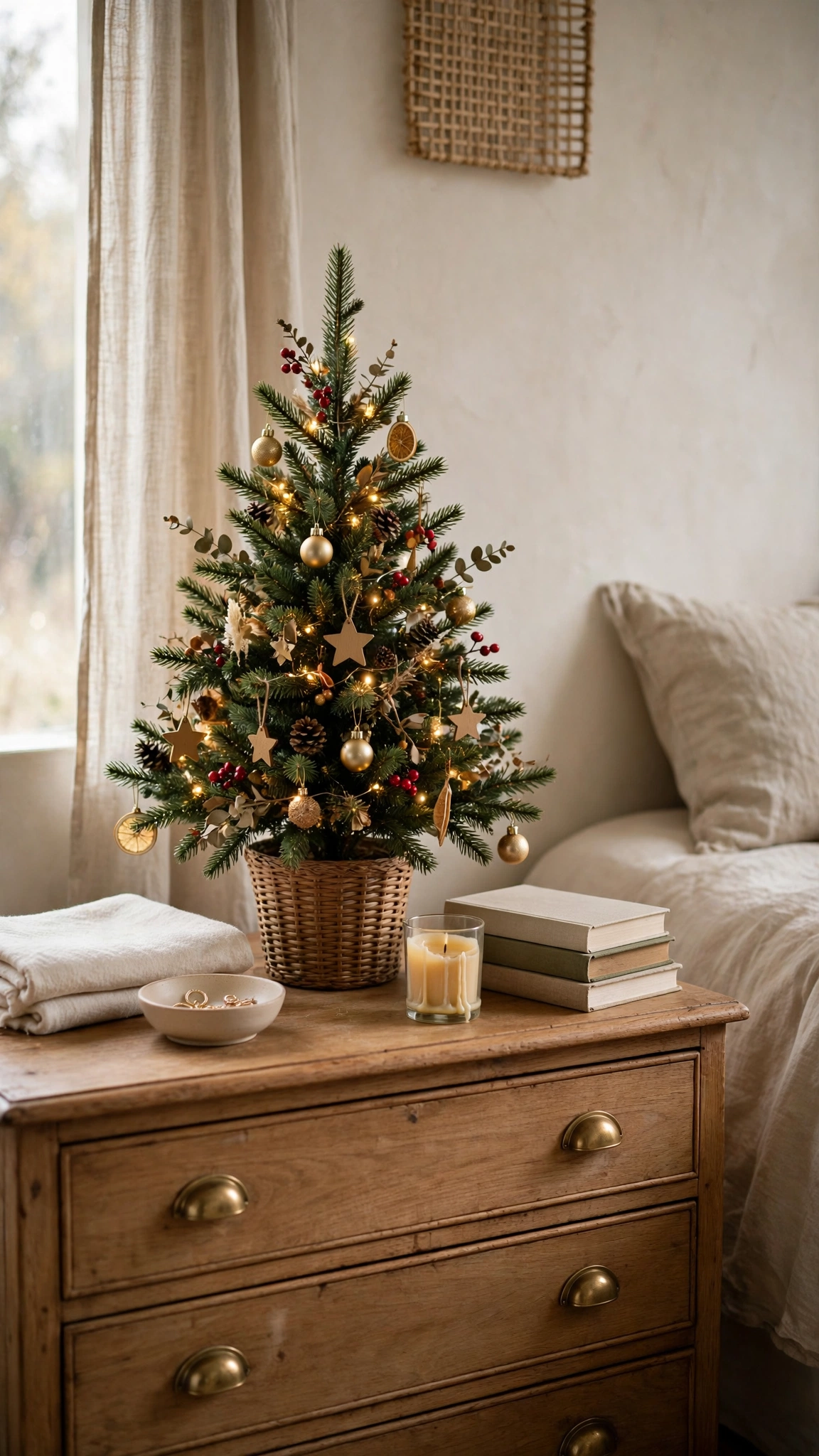 Christmas Bedroom Decor Ideas for a Cozy Festive Retreat 5 Mini tabletop Christmas tree with small ornaments styled on a bedroom dresser
