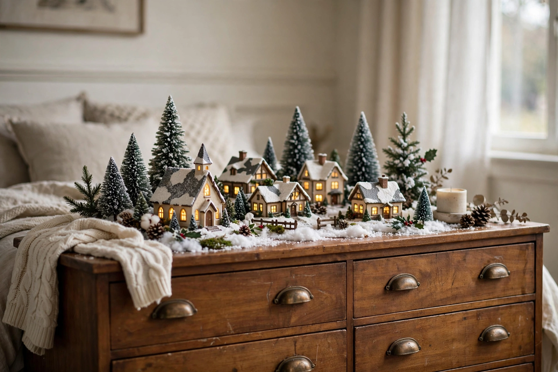 Christmas Bedroom Decor Ideas for a Cozy Festive Retreat 18 Miniature holiday village set arranged on a bedroom dresser with soft light