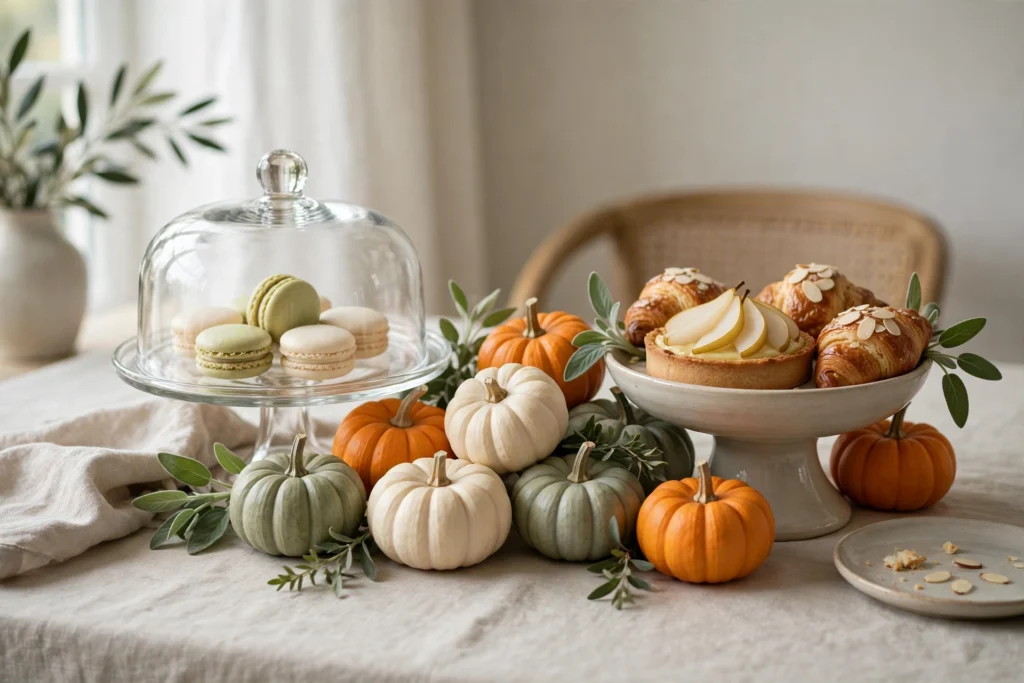Miniature pumpkins in white, sage, and orange tucked among dessert serving pieces.