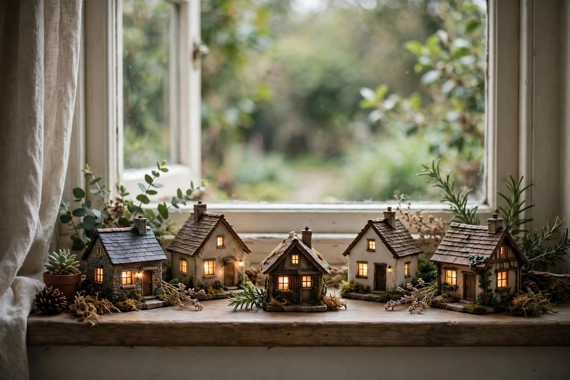 Christmas Kitchen Decor Ideas for a Festive Cozy Space 20 Miniature village houses with glowing windows arranged on a kitchen windowsill in winter.
