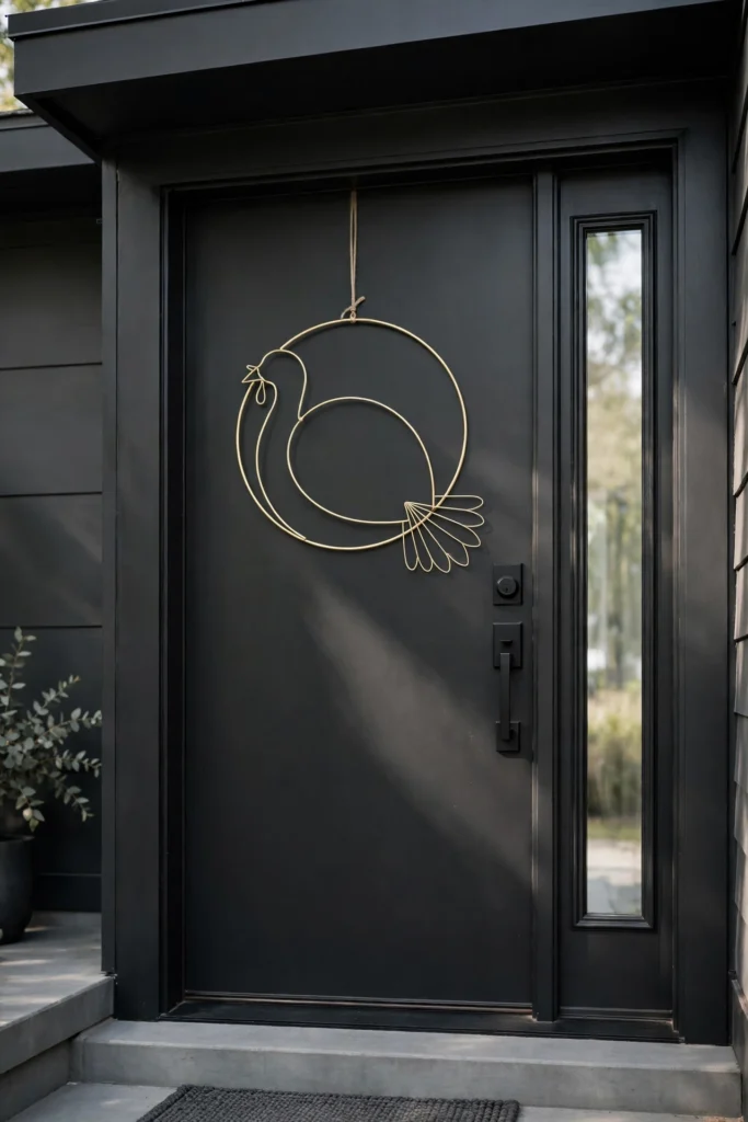 Minimalist brass hoop turkey wreath outline on modern black front door entryway.