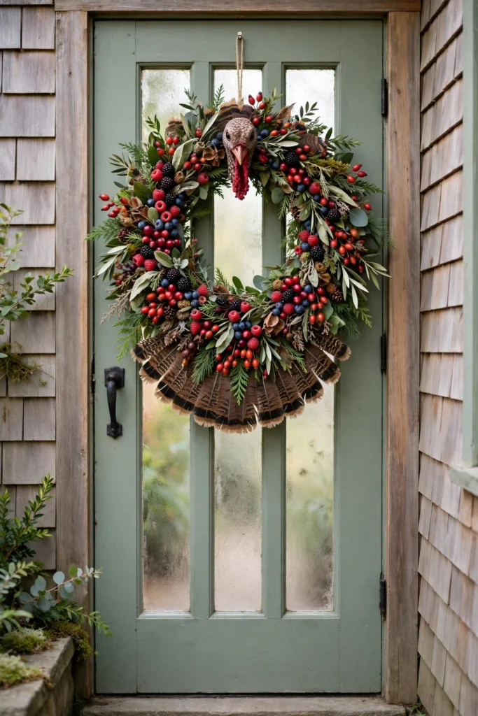 Mixed berry turkey wreath with red berries on narrow side entry door.