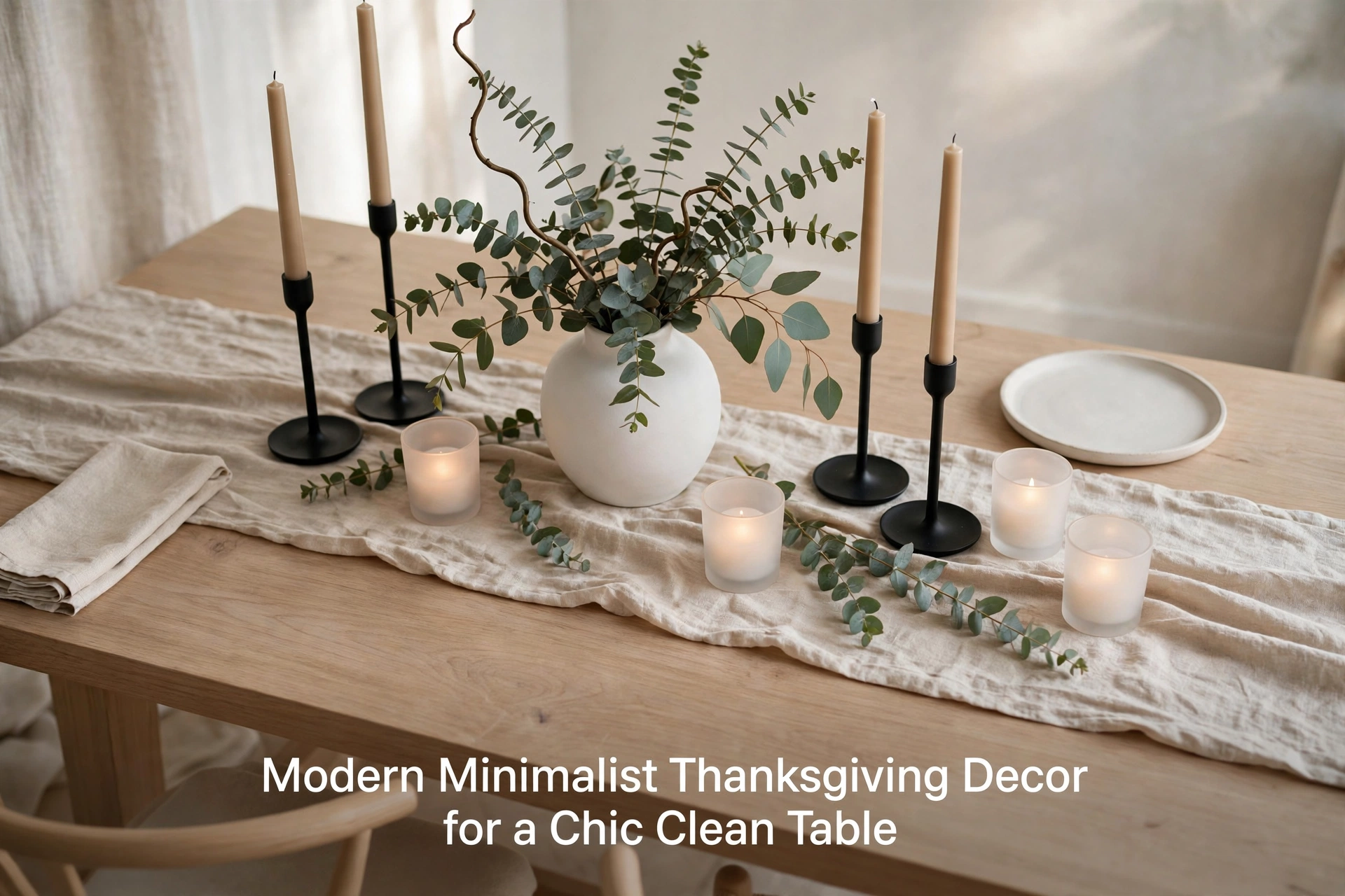 Minimalist Thanksgiving dining table with white ceramics, linen runner, and black candle holders.