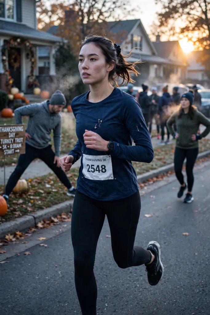Woman running at dawn in a navy long-sleeve tee and black tights.