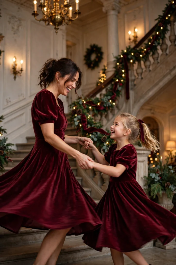 Family Thanksgiving Twinning Outfits for a Cute Photo Moment 5 Mother and daughter twirling in matching burgundy velvet dresses on a staircase.