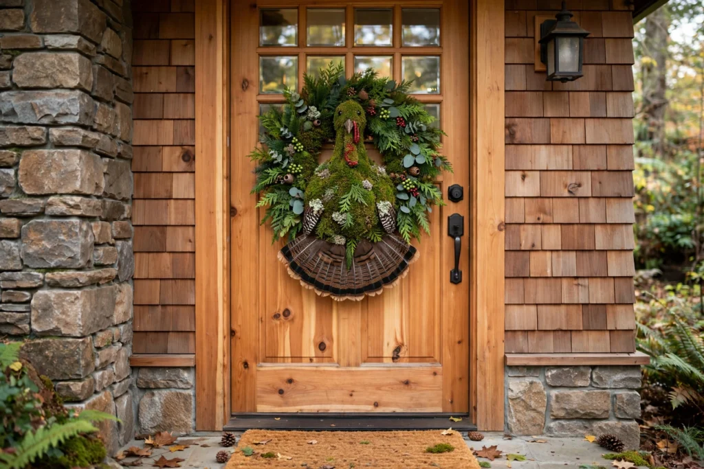 Moss turkey wreath with green texture on cedar craftsman front door entryway.
