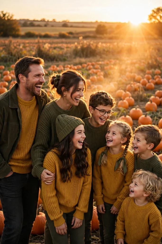 Family Thanksgiving Twinning Outfits for a Cute Photo Moment 9 Big family of seven in alternating mustard and olive knits at a pumpkin patch.