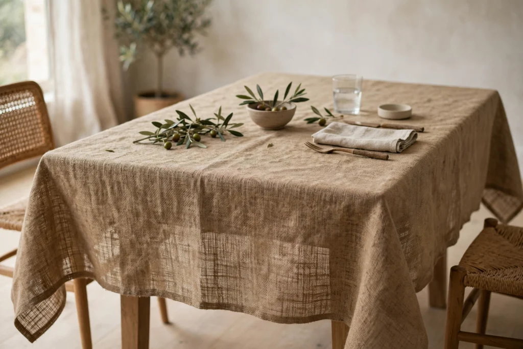 Natural burlap tablecloth covering a rustic Thanksgiving dining table with rich texture.