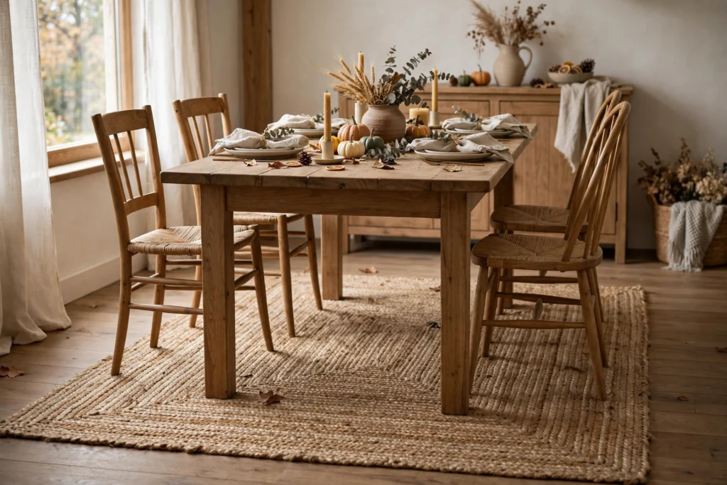 Cornucopia Decor Ideas for a Traditional Thanksgiving Table 20 Natural jute area rug under a wooden dining table in a Thanksgiving dining room