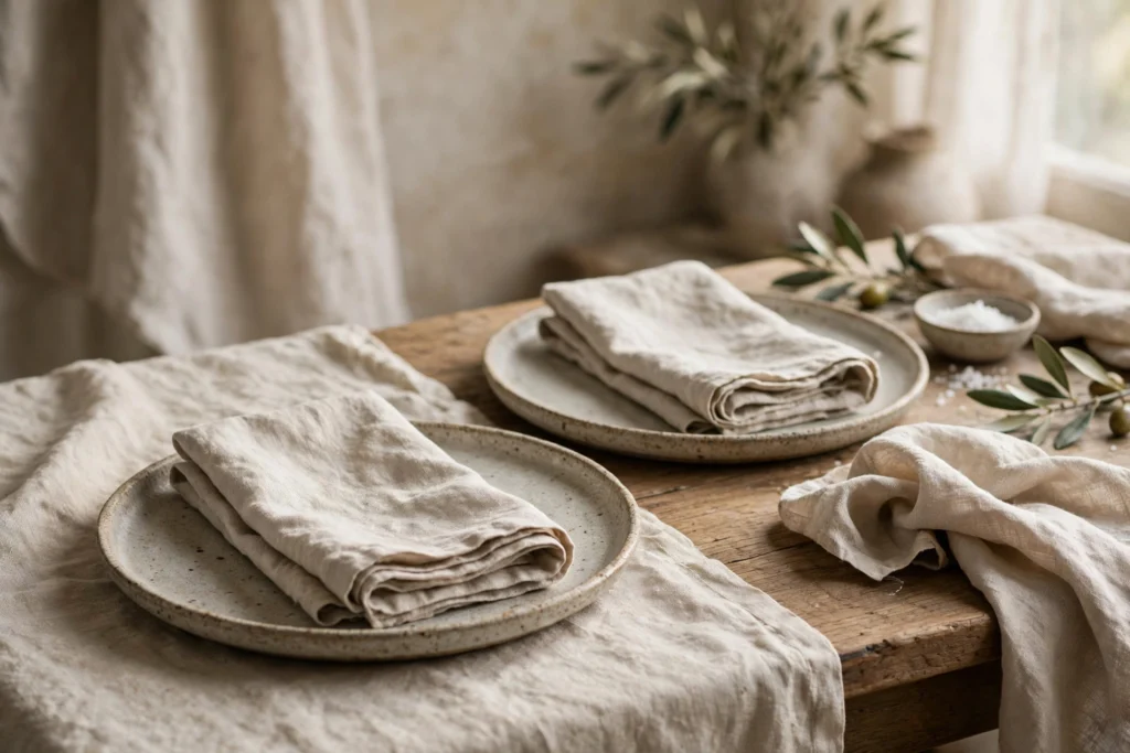Modern Minimalist Thanksgiving Decor for a Chic Clean Table 8 Natural linen napkins folded simply on stoneware plates at a Thanksgiving dinner.