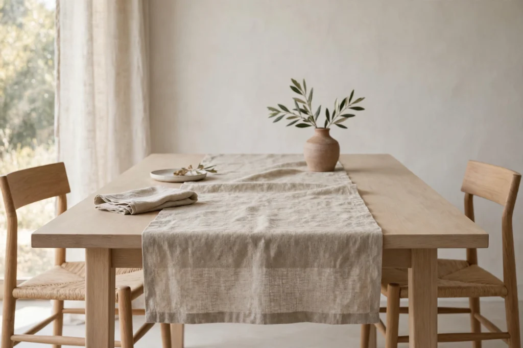 Modern Minimalist Thanksgiving Decor for a Chic Clean Table 3 Natural linen runner draped down the center of a minimalist Thanksgiving table.