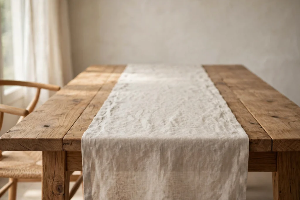 Natural linen table runner styled down the center of a wooden dining table.
