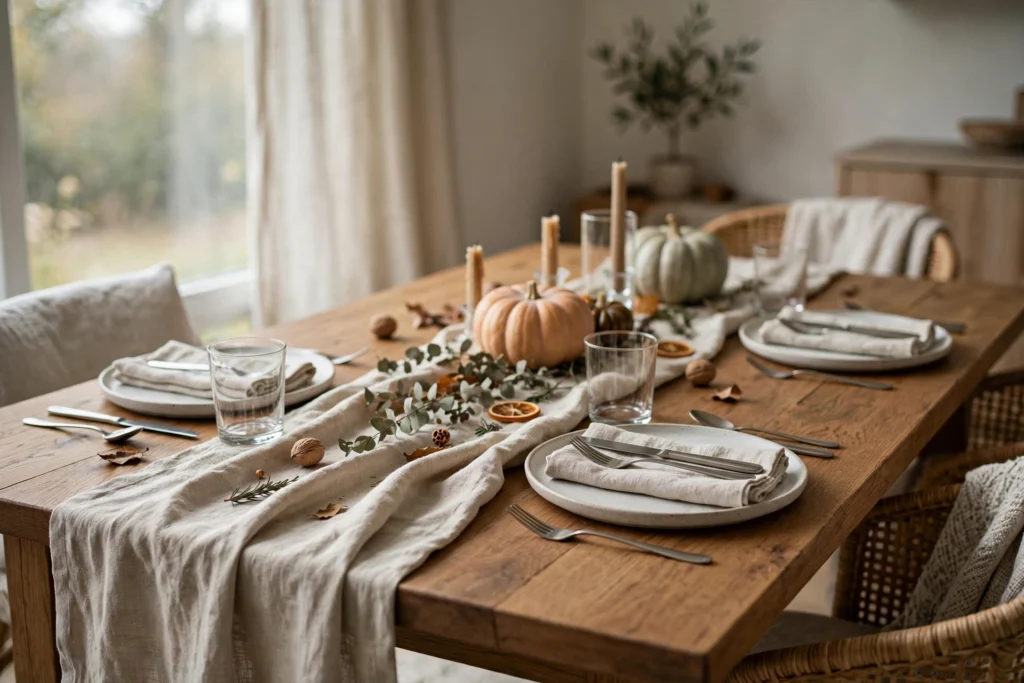 Cornucopia Decor Ideas for a Traditional Thanksgiving Table 3 Natural linen table runner draped down a Thanksgiving dining table with place settings