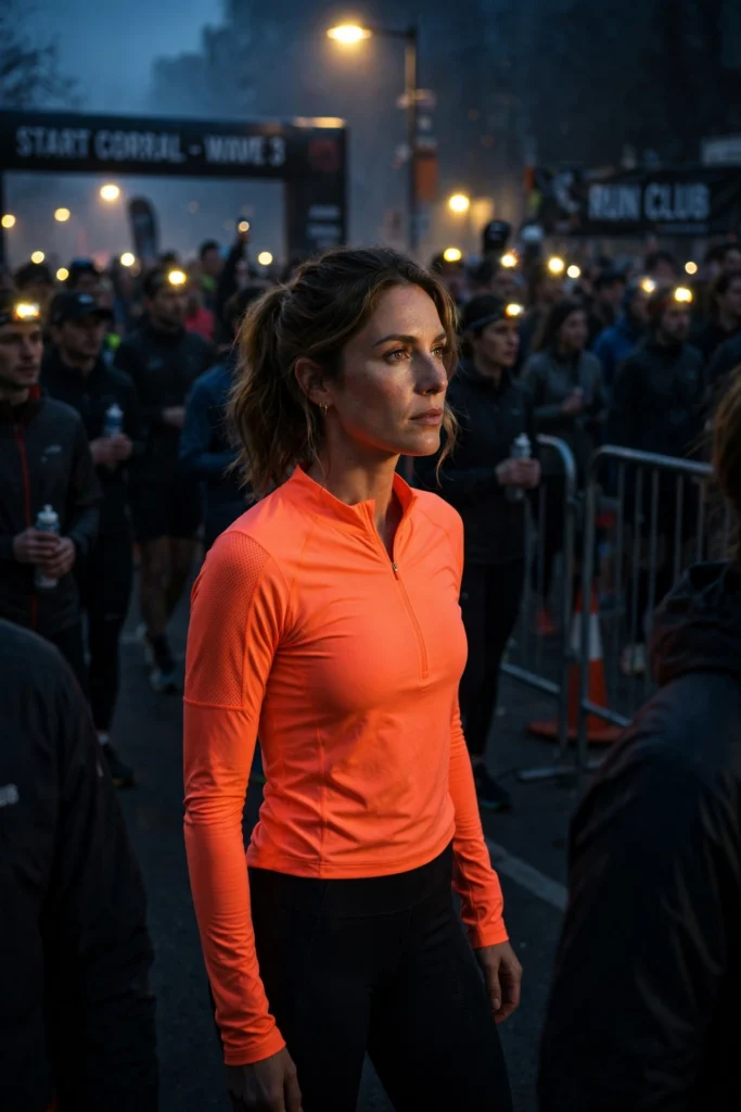 Runner glowing in a neon top among shadows at a pre-dawn start.