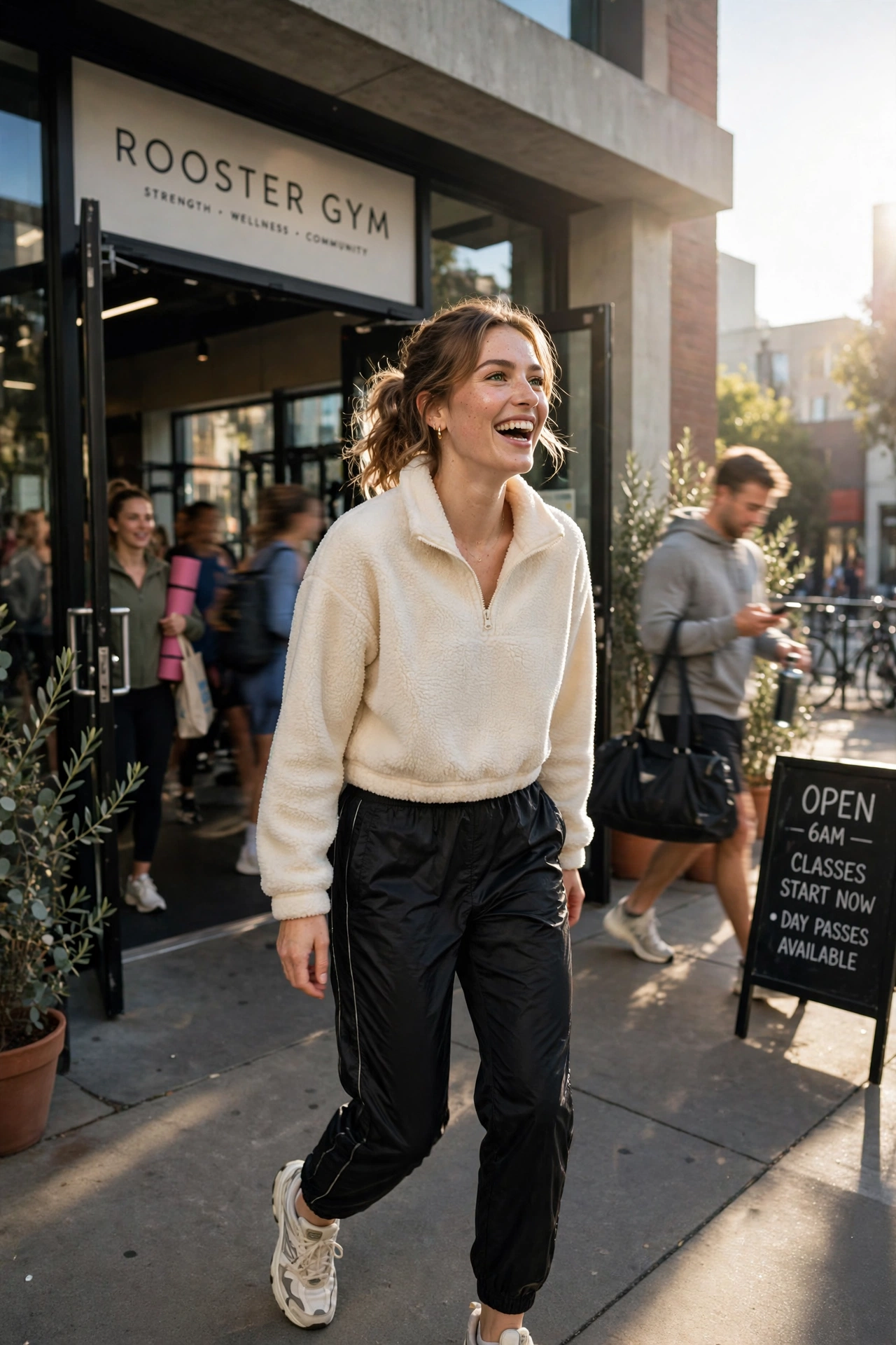 Woman in nylon track pants and a cropped fleece pullover outside the gym.