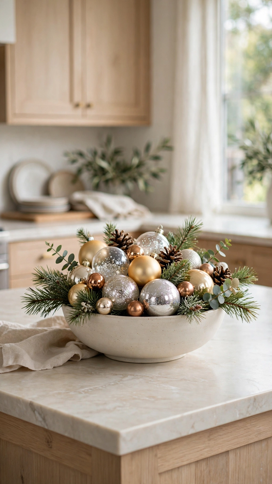 Christmas Kitchen Decor Ideas for a Festive Cozy Space 14 A sparkling ornament bowl centerpiece with baubles and pine sprigs on an island.