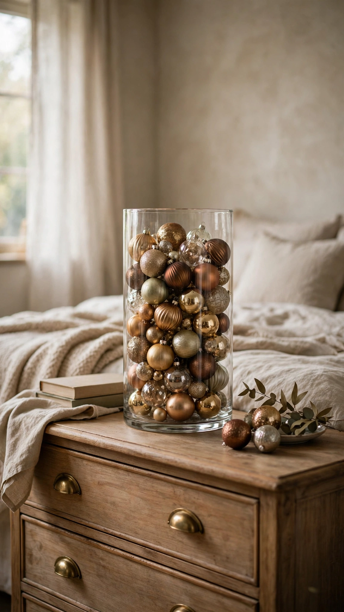 Christmas Bedroom Decor Ideas for a Cozy Festive Retreat 20 Ornament-filled glass vase on a bedroom dresser catching soft warm lamp light