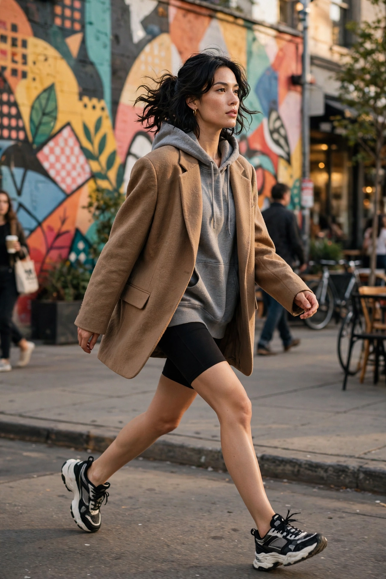 Woman in an oversized blazer with hoodie and bike shorts on a city sidewalk.