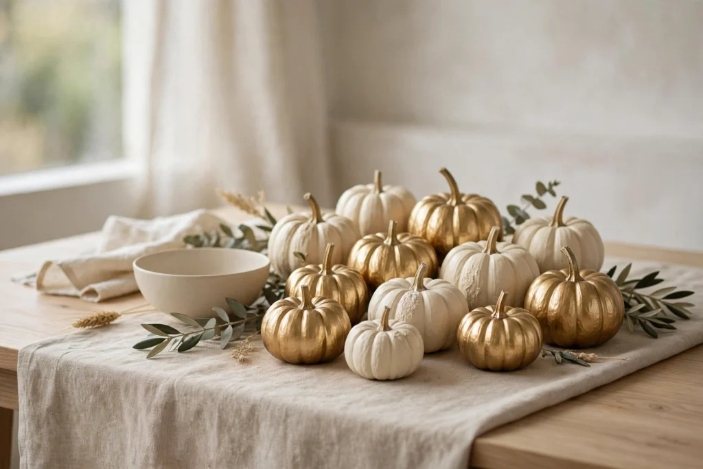 Mini pumpkins painted gold and cream arranged beautifully as DIY table decor.