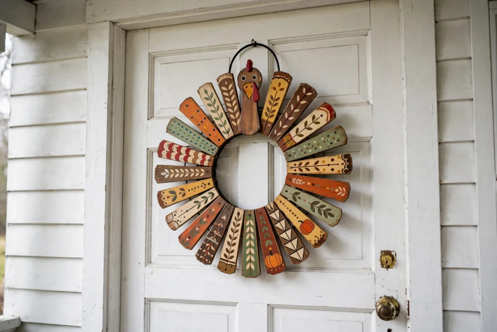 Painted wooden turkey wreath with folk-art slats on white farmhouse front door.