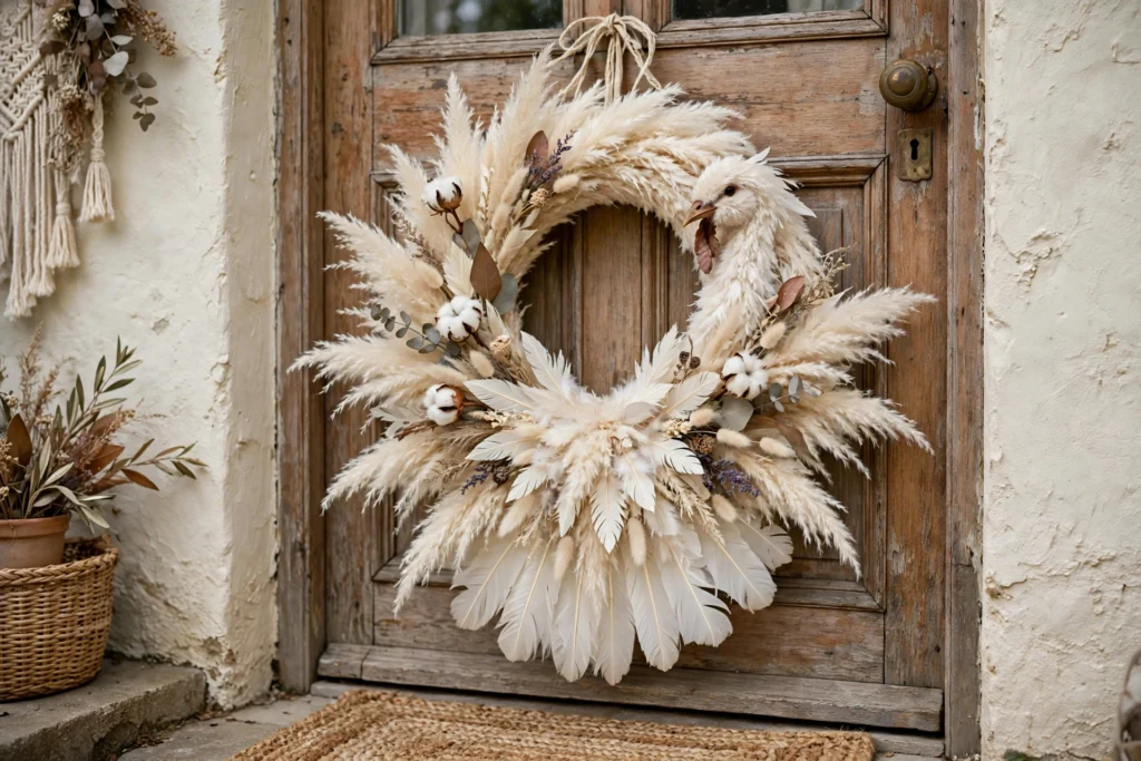Pampas grass turkey wreath in ivory plumes on cottage front door with boho styling.