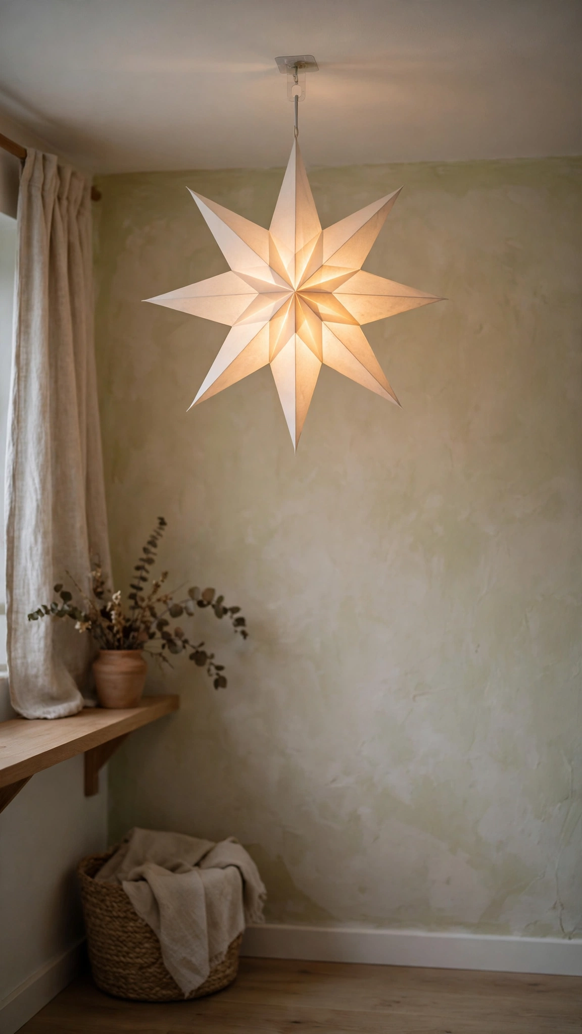 Paper star lantern glowing while hanging from a removable hook in a rented room.