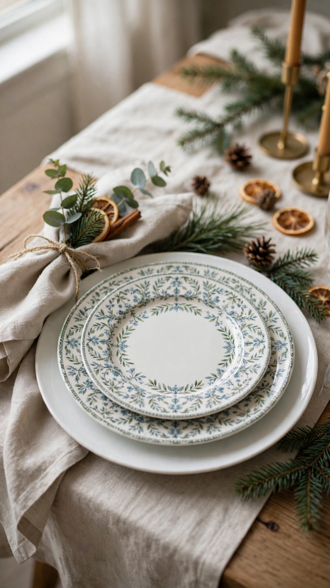 Patterned salad plates layered over white dinner plates on a festive Christmas table.